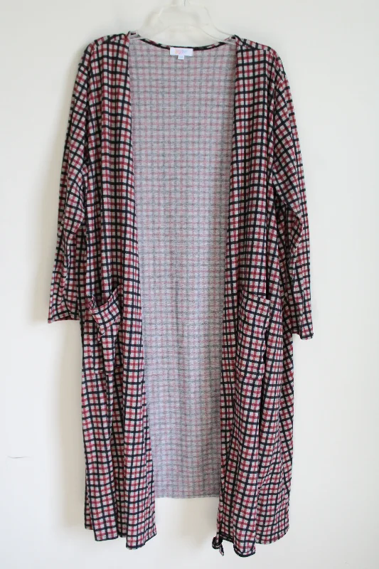 LuLaRoe Red & Black Plaid Long Cardigan | 2XL Beaded Cardigan Sequined Faux Fur