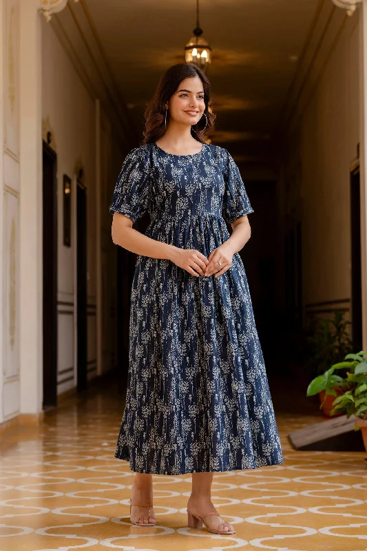 Women Navy Blue Printed Flared Dress - Rasiya
