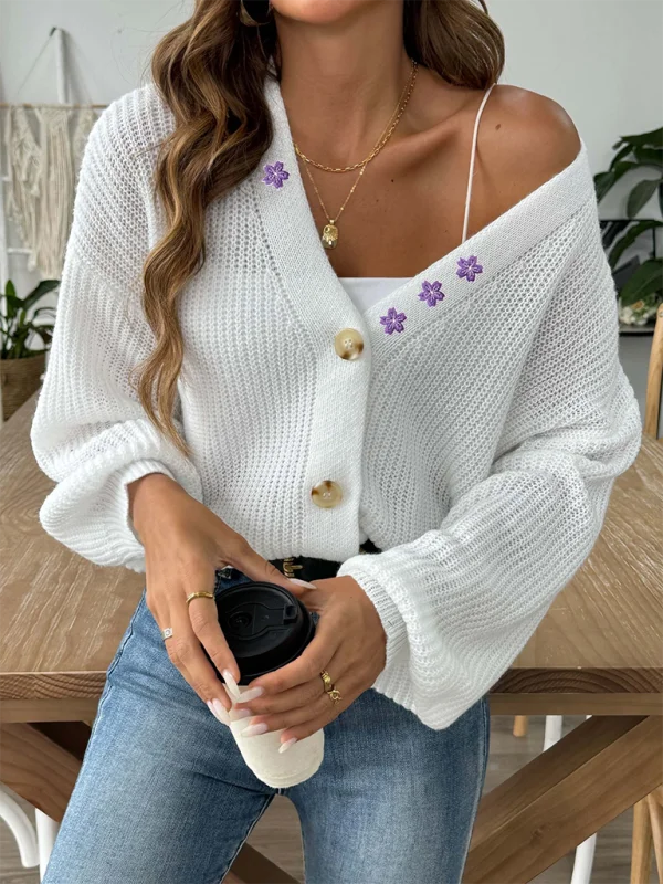 Floral Embroidered Applique Cropped Button Cardigan Sweater Notch Collar Peter Pan Collar Cowl Neck Floral Embroidered Applique Cropped Button Cardigan Sweater Notch Collar Peter Pan Collar Cowl Neck