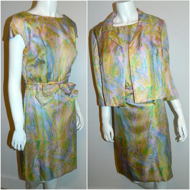 vintage 1960s pastel silk Miss Bergdorf dress jacket suit / impressionist Spring blooms watercolor XS Cardigan Sweater Pullover
