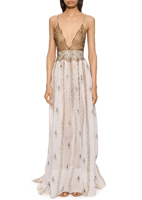1940s Intricate Hand Printed Gown with Over Jacket Notch Collar Peter Pan Collar Cowl Neck