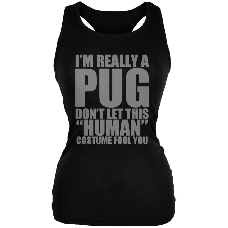 Halloween Human Pug Costume Black Juniors Soft Tank Top lime green tank