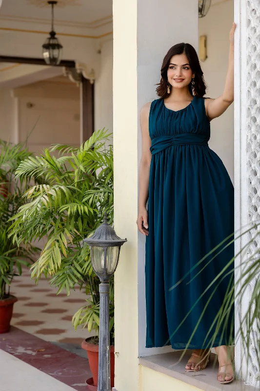Women Teal Sleeveless Georgette Western Dress - Rasiya
