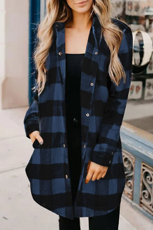 Blue Turn-down Collar Plaid Shirt Jacket Wool Fabric Cashmere Fabric Tweed Fabric