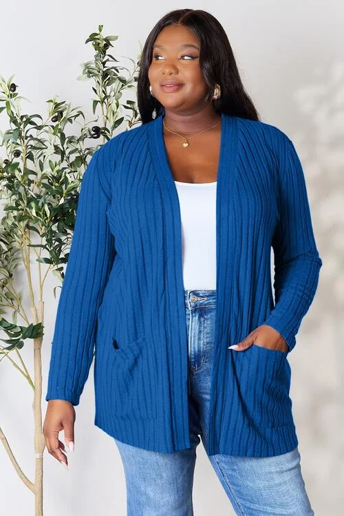 Ribbed Open Front Cardigan with Pockets Fitted Loose Oversized