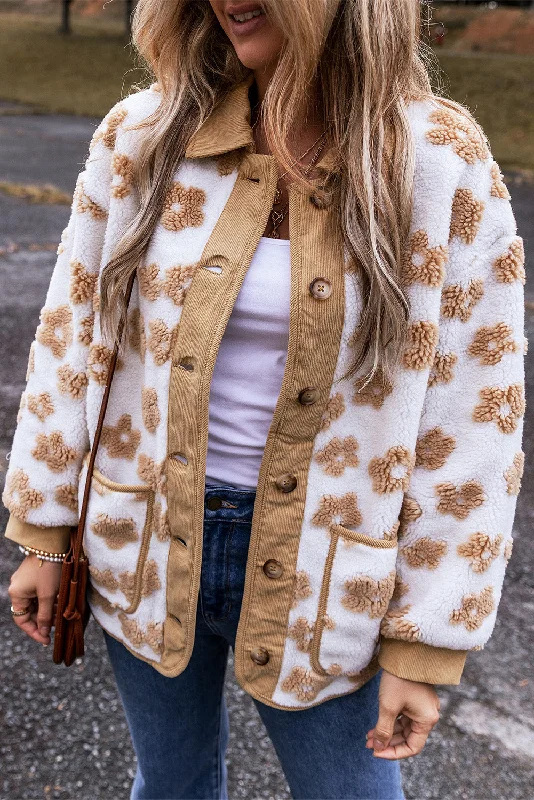 Cute Flower Pattern Button Up Fleece Jacket Satin Fabric Silk Fabric Chiffon Fabric