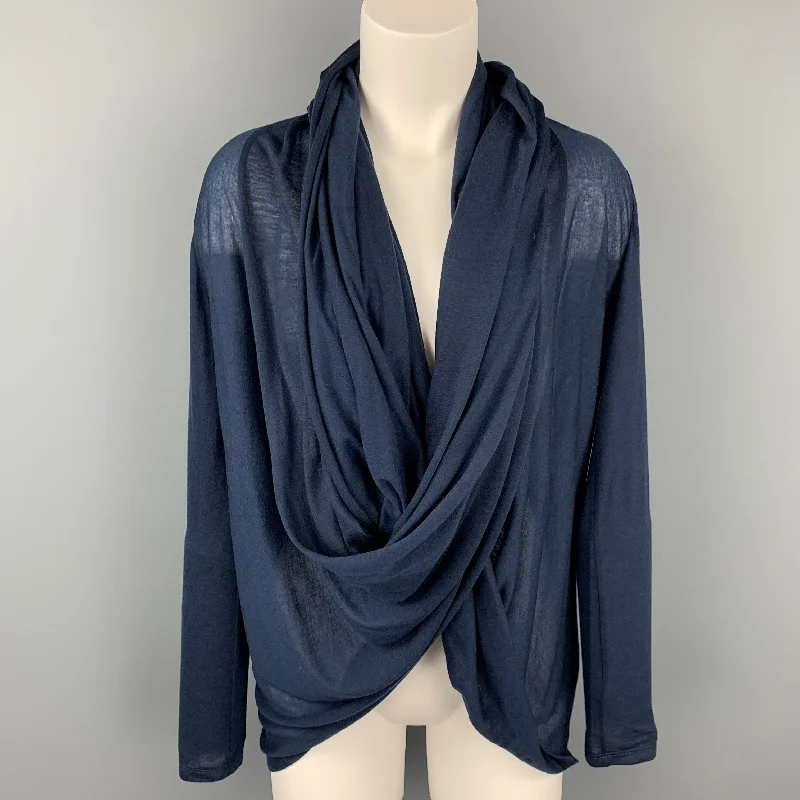 ALICE + OLIVIA Base Size S Navy Jersey Lyocell Wrap Around Cardigan Polka Dot Checkered Tartan ALICE + OLIVIA Base Size S Navy Jersey Lyocell Wrap Around Cardigan Polka Dot Checkered Tartan