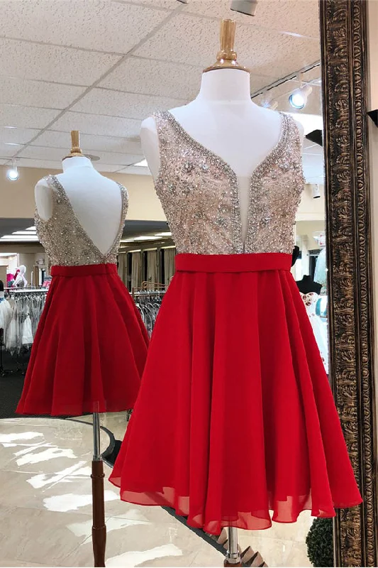 Fashion Deep V Neck Red Beaded Backless Homecoming Dresses Short Prom Graduation Dress