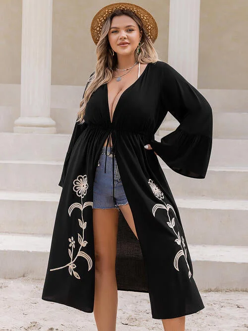 Plus Size Floral Drawstring Flared Sleeve Cardigan Open Front Closed Front Wrap Front Plus Size Floral Drawstring Flared Sleeve Cardigan Open Front Closed Front Wrap Front
