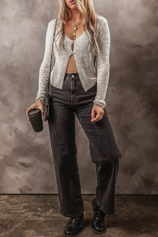 Button Detail Knit Jacket A-Line Jacket Boat Neck Shawl Collar