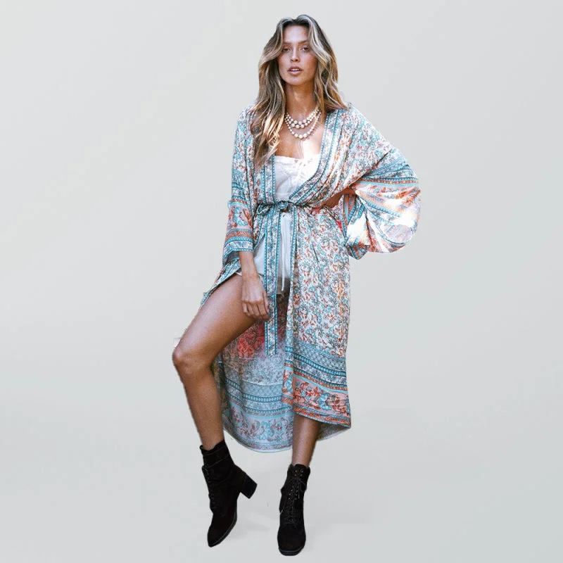 Blue Zone Planet |  Cotton Printed Cardigan Vacation Beach Overshirt Polka Dot Checkered Tartan
