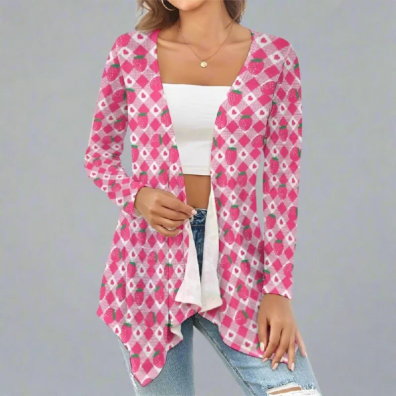 Womens Strawberry Pattern Knitted Cardigan Herringbone Houndstooth Plaid