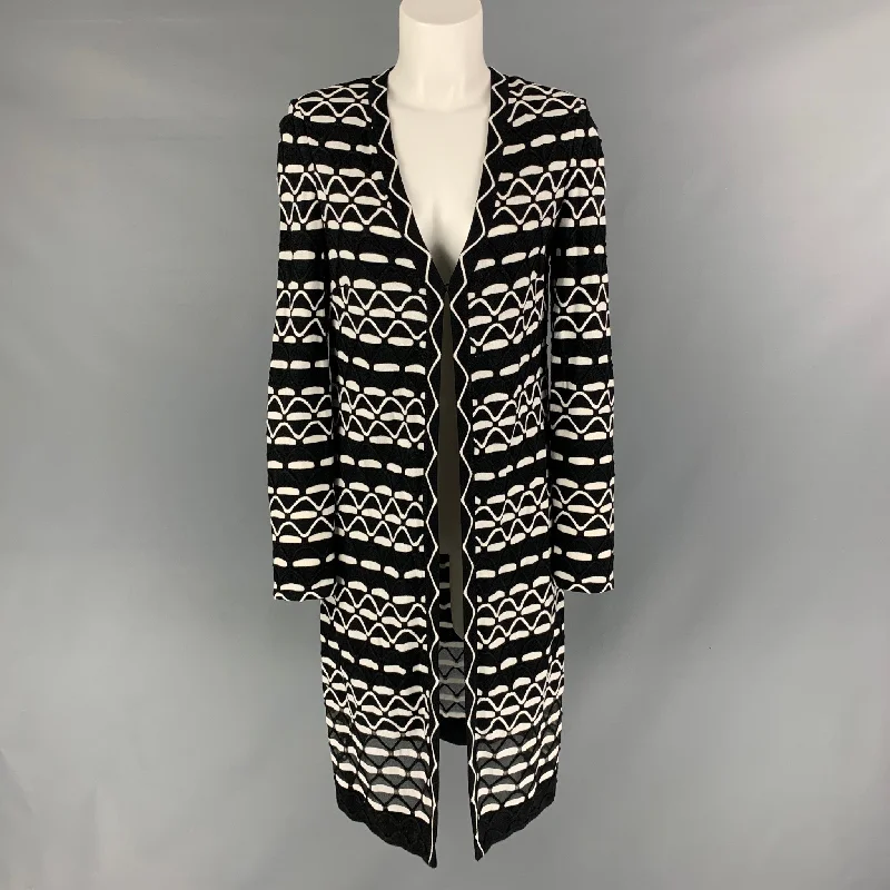 ST. JOHN Size P Black & White Rayon Blend Geometric Open Front Cardigan Handmade Hand-knitted Hand-woven ST. JOHN Size P Black & White Rayon Blend Geometric Open Front Cardigan Handmade Hand-knitted Hand-woven