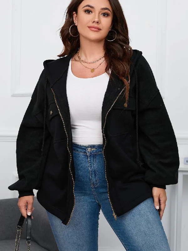 Black Plus Size Bishop Sleeve Zip Up Hooded Jacket Toggled Jacket Drawstring Jacket Belted Jacket