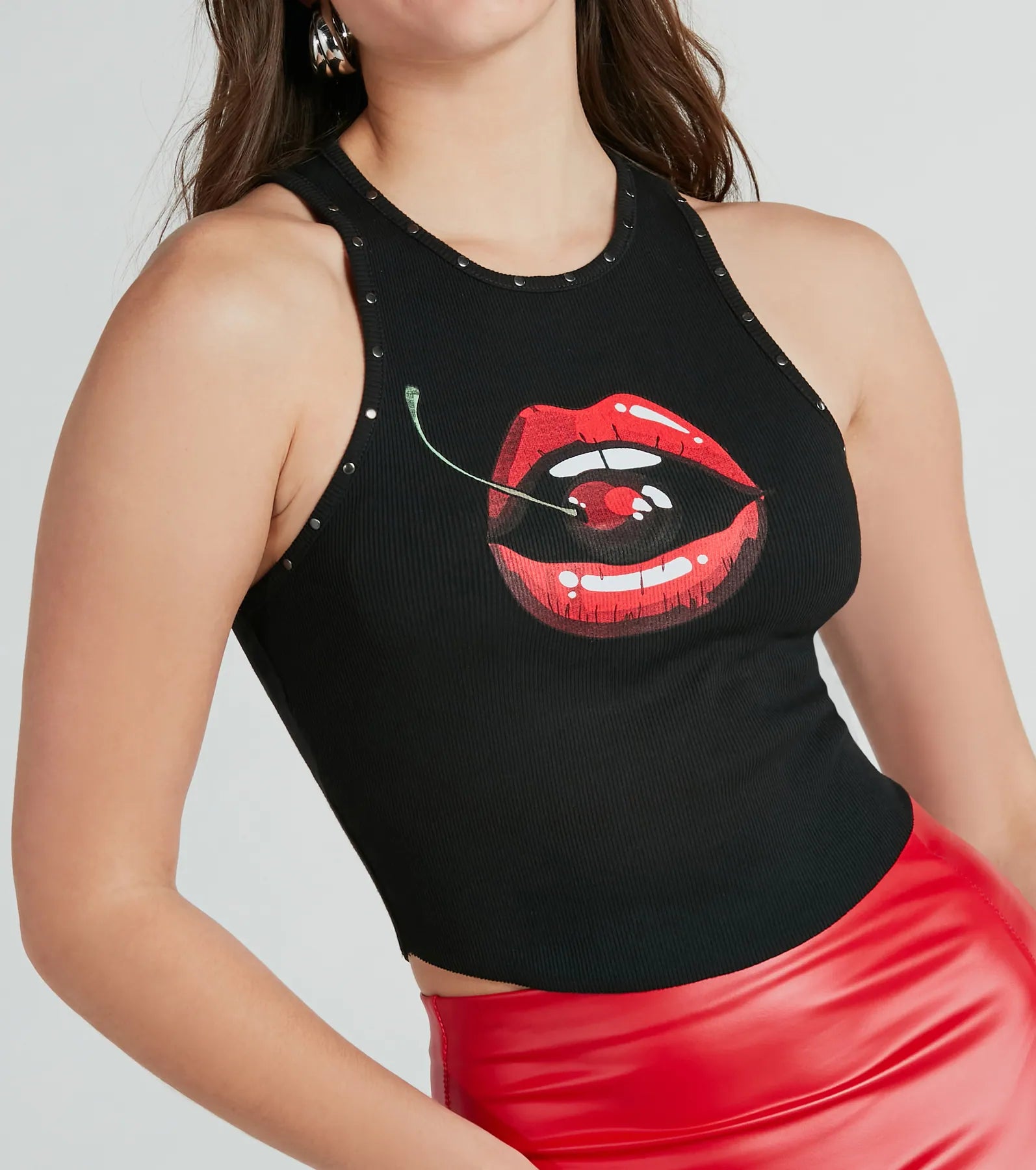 Take A Bite Stud Lips And Cherry Graphic Tank Top loose fit tank