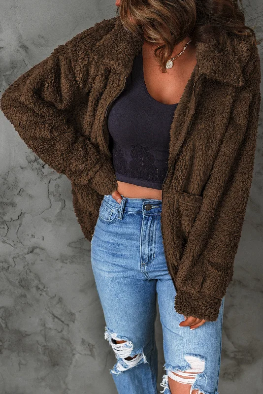 Brown Plush Zip-Up Jacket One-Shoulder Jacket Off-the-Shoulder Jacket Asymmetrical Jacket