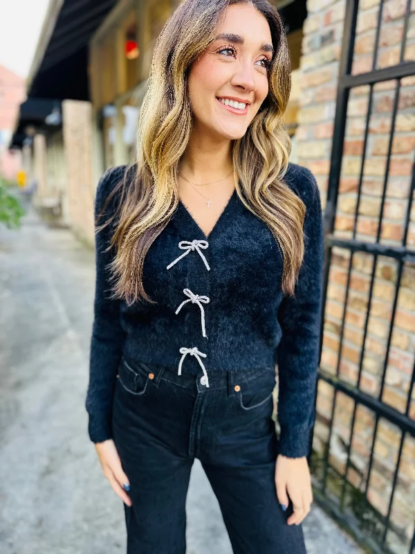 Porcelain Bow Cardigan- Black Stretchy Elastic Breathable