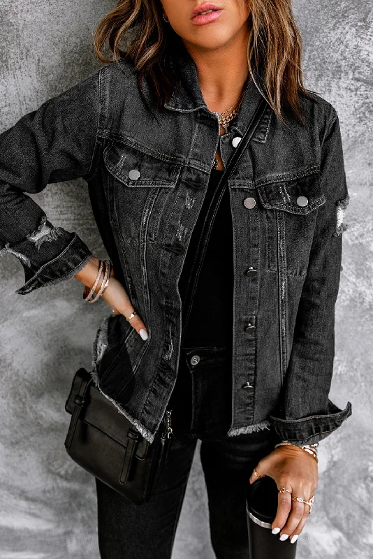 Black Lapel Distressed Raw Hem Buttons Denim Jacket Hooded Jacket Caped Jacket Shawl Collar Jacket