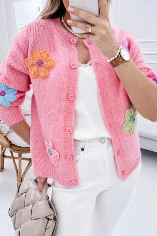 Blue Zone Planet |  Pink Cute Knitted Floral Pattern Button Up Cardigan Collared Crew Neck Turtle Neck