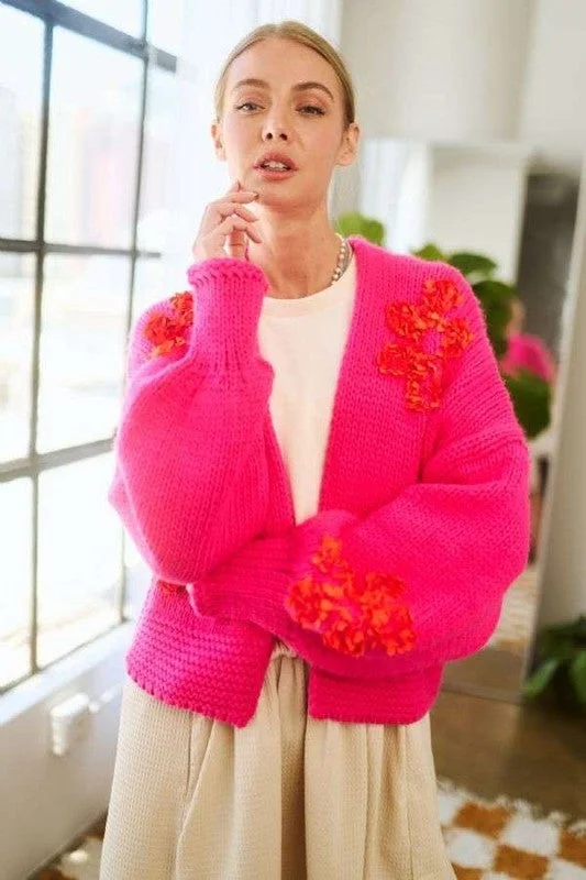 Blue Zone Planet | Davi & Dani Floral Applique Open Front Drop Shoulder Cardigan Neon metallic Matte Blue Zone Planet | Davi & Dani Floral Applique Open Front Drop Shoulder Cardigan Neon metallic Matte