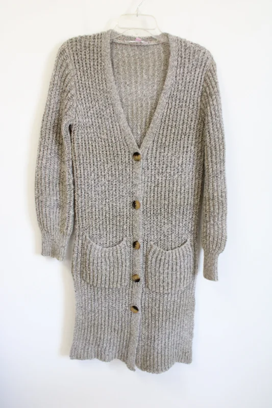 No Boundaries Gray Tan Knit Long Cardigan Sweater | L Zippered Front Buttoned Front Snap Front No Boundaries Gray Tan Knit Long Cardigan Sweater | L Zippered Front Buttoned Front Snap Front