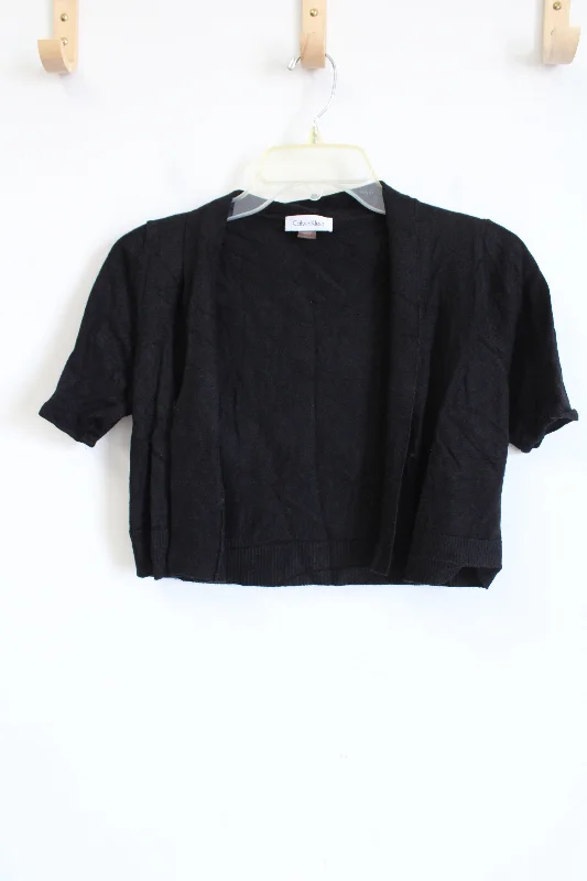 Calvin Klein Black Short Sleeved Cropped Cardigan | S Real Fur Shearling Chenille