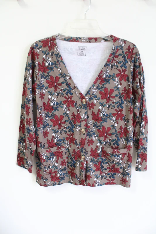 Hasting & Smith Brown Floral Cardigan Top | M Petite Embroidered Appliqued Beaded