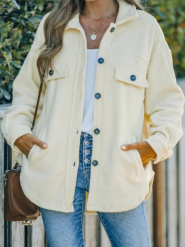 Beige Collared Button-Up Shirt Jacket Zip Front Button Front Snap Front