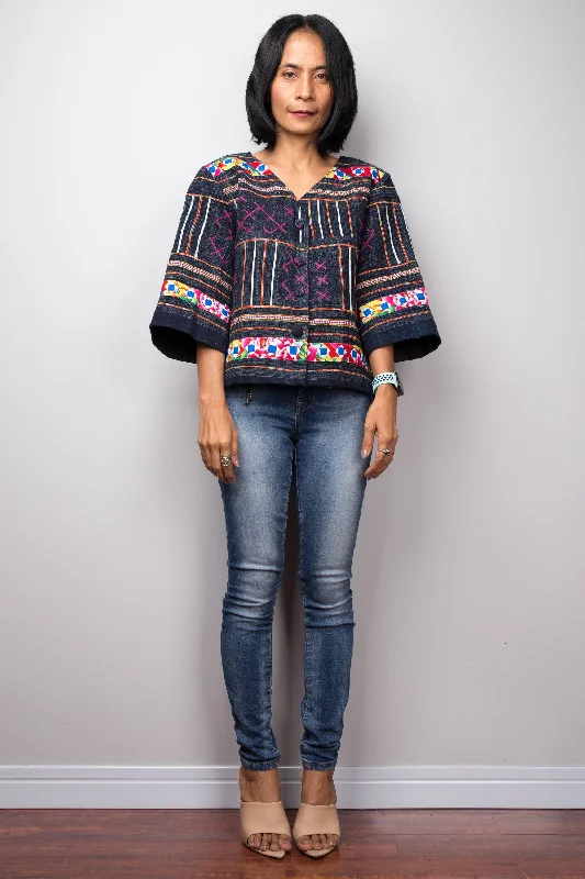Hmong Jacket blouse, Hill tribe Blouse Top Striped Jacket Polka Dot Jacket Floral Jacket