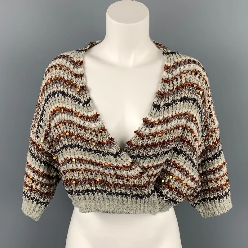 BRUNELLO CUCINELLI Multi-Color Sequin Cotton Blend Cropped Cardigan Toggled Drawstring Belted BRUNELLO CUCINELLI Multi-Color Sequin Cotton Blend Cropped Cardigan Toggled Drawstring Belted