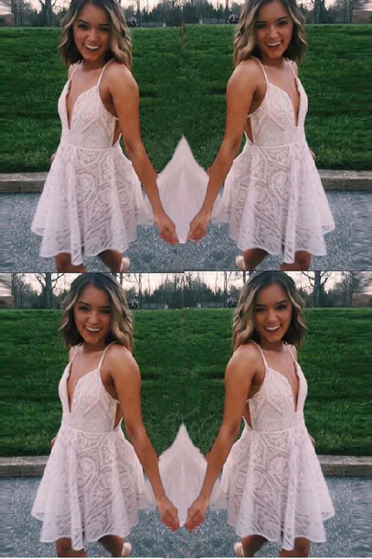 Deep V Neck Spaghetti Straps Ivory Lace Mini Homecoming Dresses Prom Graduation Dress