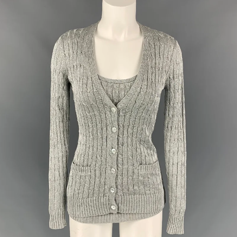 RALPH LAUREN Black Label Size S Silver Cable Knit Cardigan Set Fitted Loose Oversized RALPH LAUREN Black Label Size S Silver Cable Knit Cardigan Set Fitted Loose Oversized