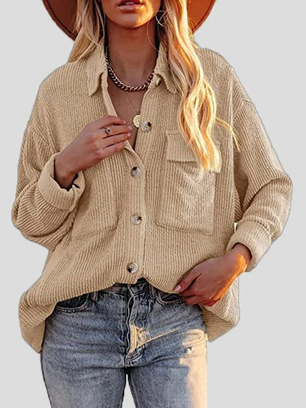 Corduroy Shirt Jacket with Pockets Notch Collar Jacket Peter Pan Collar Jacket Cowl Neck Jacket