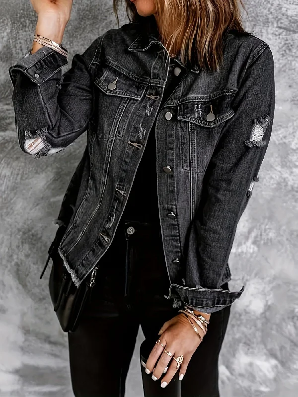 Black Denim Jacket with Distressed Detail Wool Jacket Cashmere Jacket Tweed Jacket