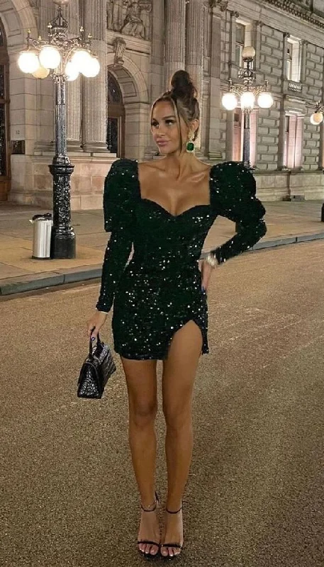 Glitter Sequin Black Short Homecoming Dresses,Puffy Long Sleeves Sweetheart Fashioned Cocktail Dress Y1515