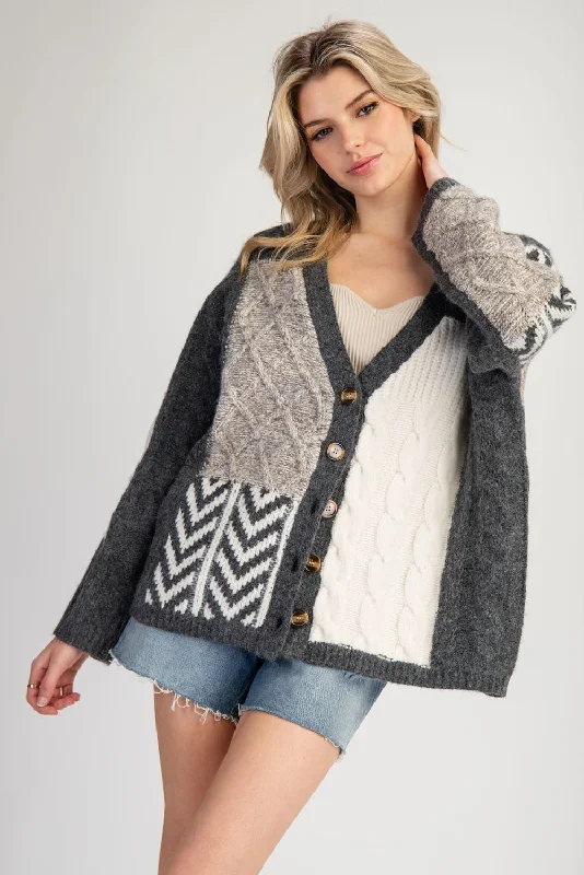 MIXED TEXTURED BOXY CARDIGAN SWEATER - STORM Knit Fabric Woven Fabric Fleece Fabric