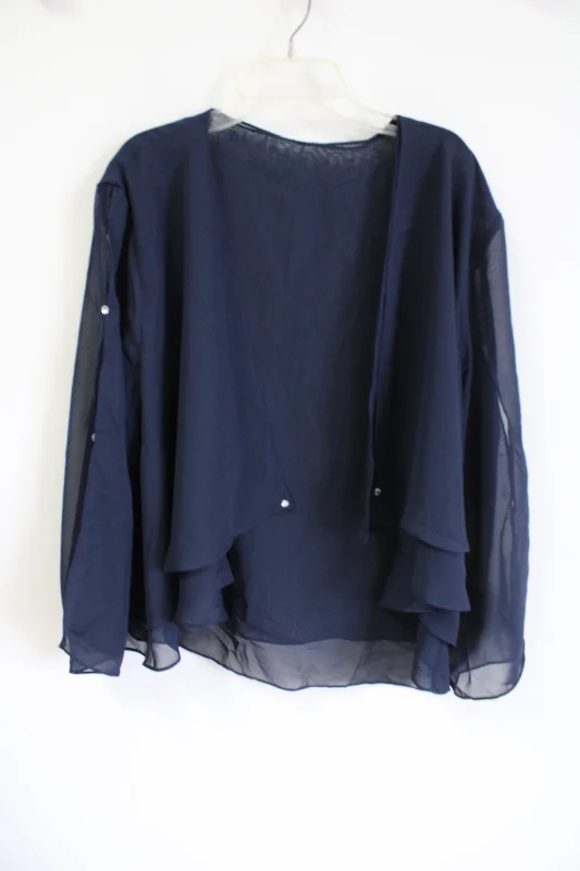 Navy Blue Chiffon Blouse Cardigan | L Sequined Glittery Shiny