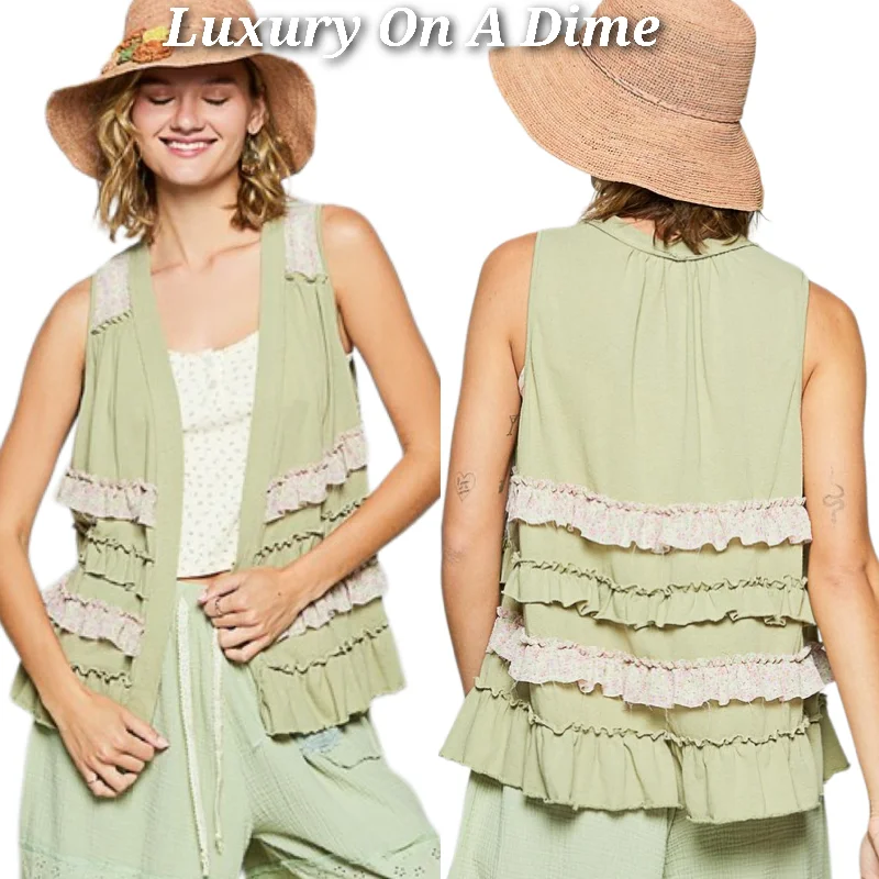 POL Ruffle Patchwork Floral Boho Vest Hippie Raw Seam Sleeveless Cardigan Iron Safe Non-Iron Wrinkle Free
