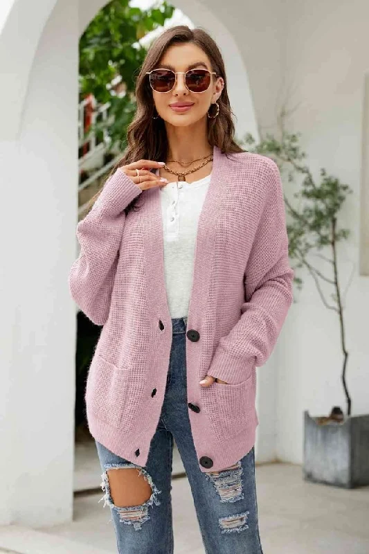 Button Up Drop Shoulder Long Sleeve Cardigan Boat Neck Shawl Collar Notched Collar