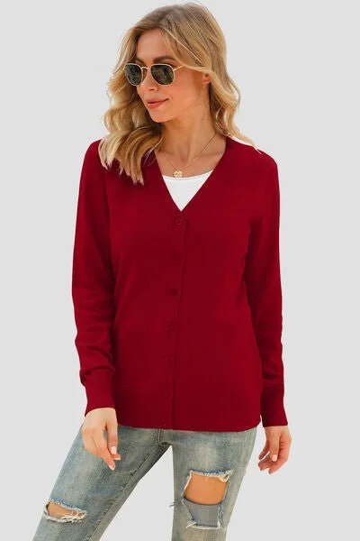 Button Up V-Neck Long Sleeve Cardigan Welt Pockets Slit Pockets Flap Pockets