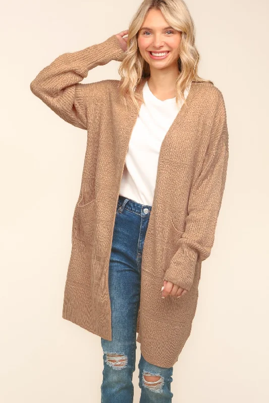 Stripe Textured Open Cardigan with Pockets in Taupe Mesh Blend Leather Blend Suede Blend Stripe Textured Open Cardigan with Pockets in Taupe Mesh Blend Leather Blend Suede Blend