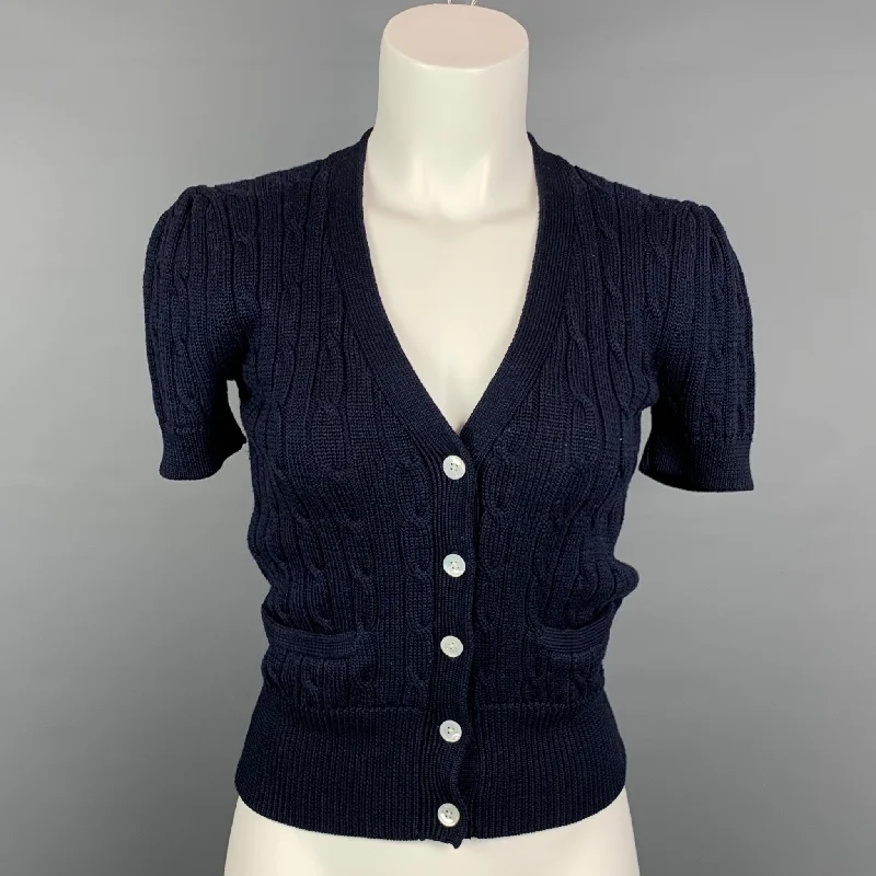 RALPH LAUREN Blue Label Size S Navy Knitted Cotton Short Sleeve Cardigan Cashmere Blend Cotton Blend Poly Blend RALPH LAUREN Blue Label Size S Navy Knitted Cotton Short Sleeve Cardigan Cashmere Blend Cotton Blend Poly Blend