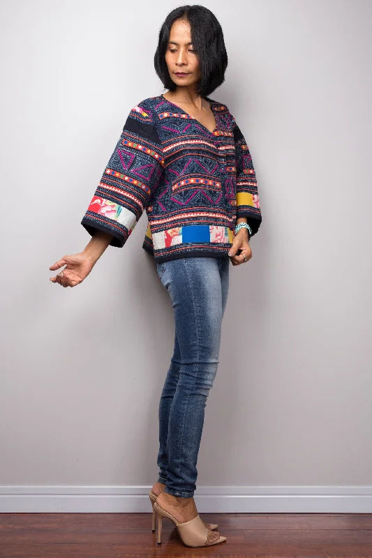 Hmong Jacket blouse, Hill tribe Blouse Top Print Jacket Jacquard Jacket Embroidered Jacket