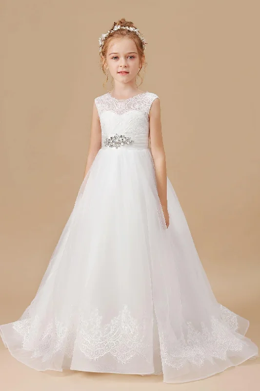 Lace Tulle Satin Sleevelesss Floor-length Flower Girl Dresses
