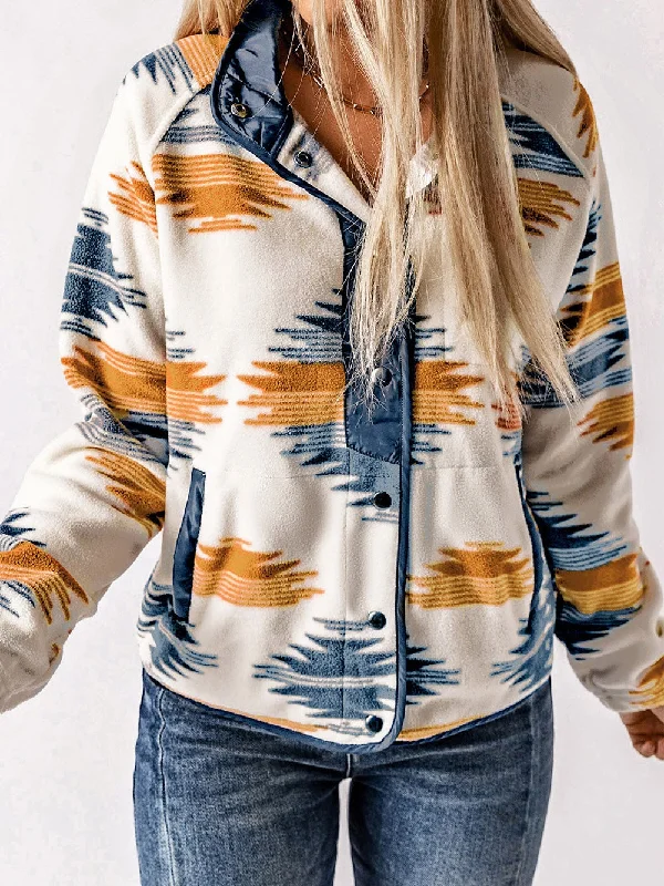 Aztec Patterned Snap Button Fleece Jacket Print Jacket Jacquard Jacket Patchwork Jacket