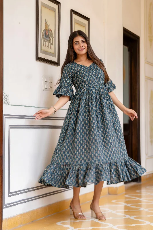 Women Teal Ethnic Printed Flared Dress - Rasiya