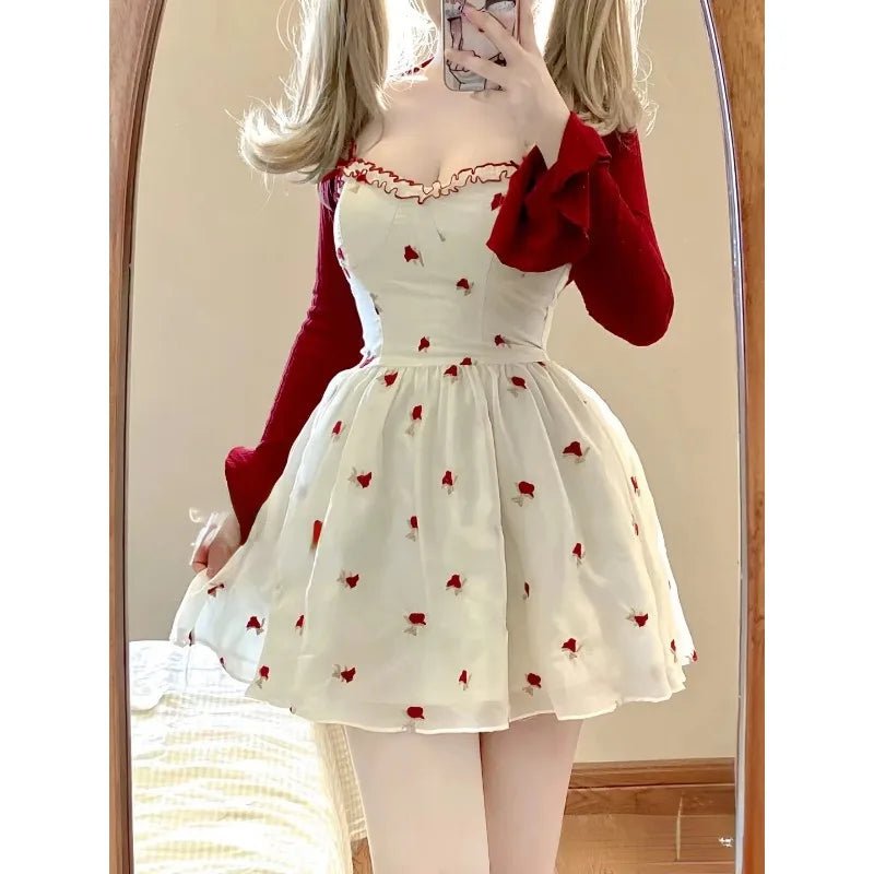 Kawaii 2 Piece Mini Dress Set – Floral Sleeveless Dress with Cardigan Mesh Blend Leather Blend Suede Blend Kawaii 2 Piece Mini Dress Set – Floral Sleeveless Dress with Cardigan Mesh Blend Leather Blend Suede Blend