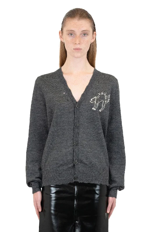 Maison Margiela Embroidered Cat Cardigan Denim Fabric Leather Fabric Suede Fabric