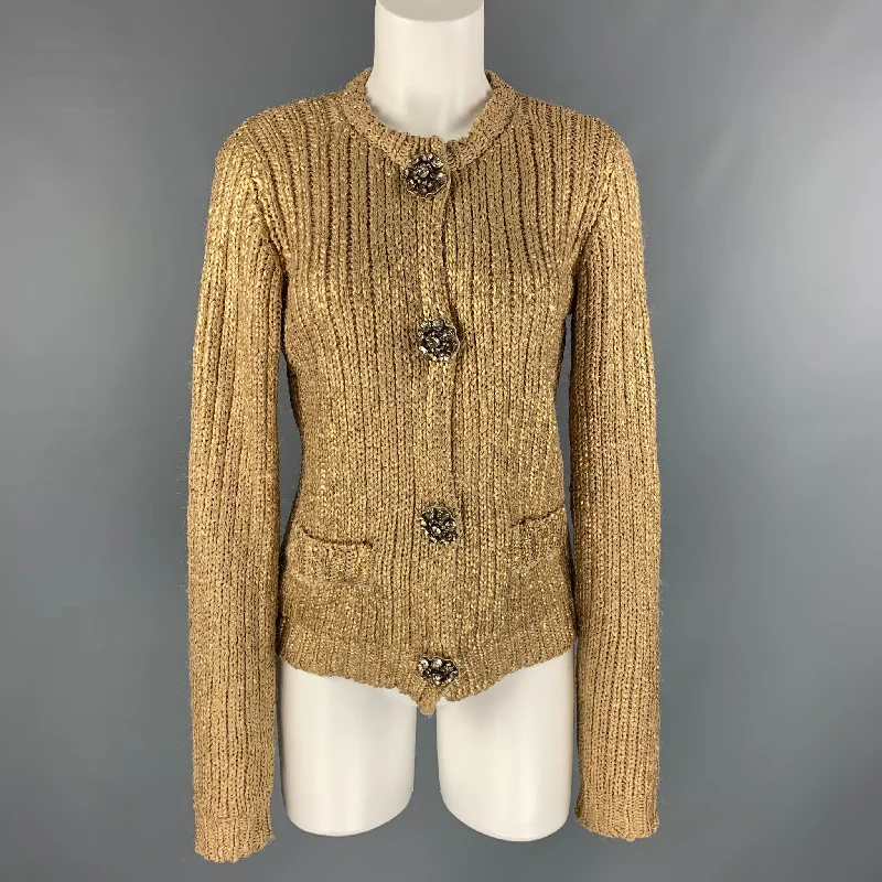 LANVIN Size S Gold Knitted Silk Snaps Cardigan Glossy Satin Silk