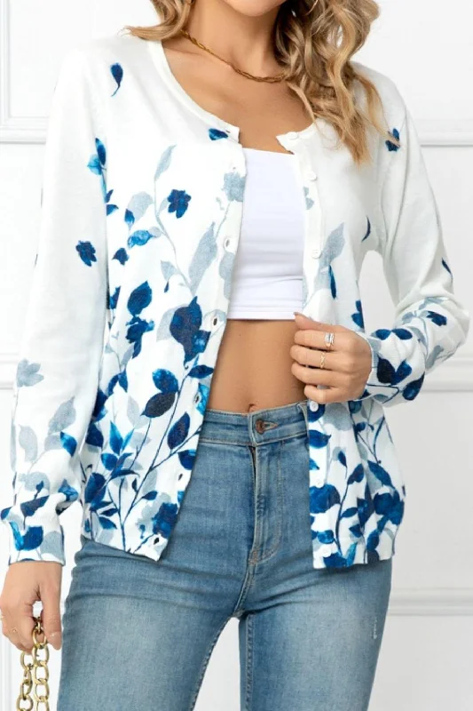 Floral Button Front Round Neck Cardigan Sequined Glittery Shiny